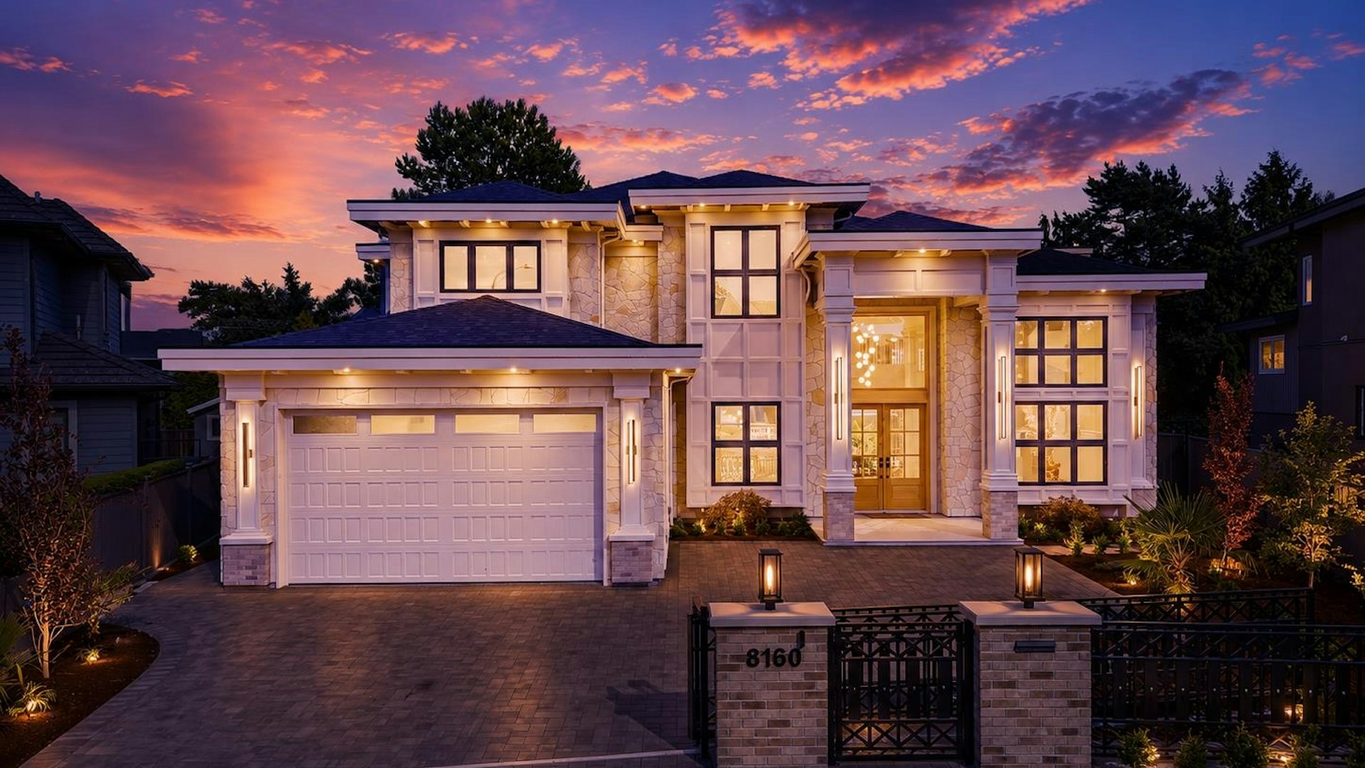 1234 Sample Road, a luxury home in Richmond at dusk
